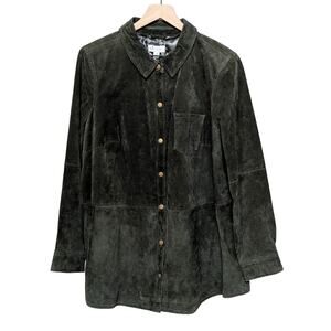 Denim & Co Suede Jacket Womens 1X Olive Green Snap Button Front Genuine Leather